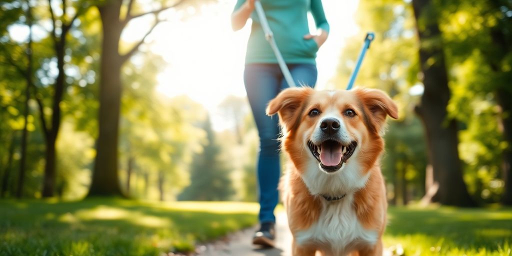 Dog happily walking on a leash with its owner.