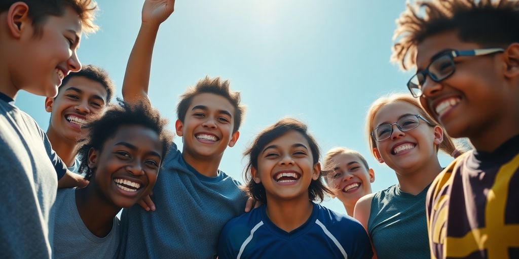 Children playing sports with motivational quotes.