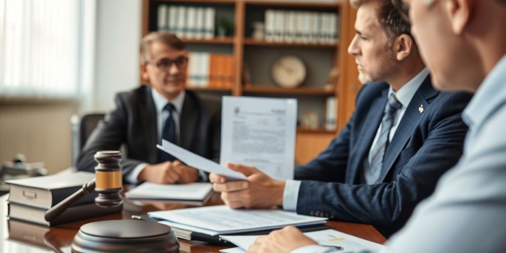 Lawyer and client reviewing medical documents in office.