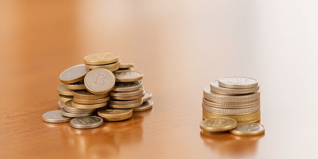 Two distinct piles of coins, one larger.