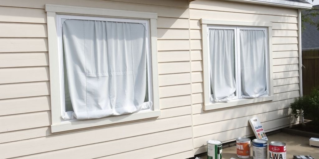 House exterior prepared for painting with tools and coverings.