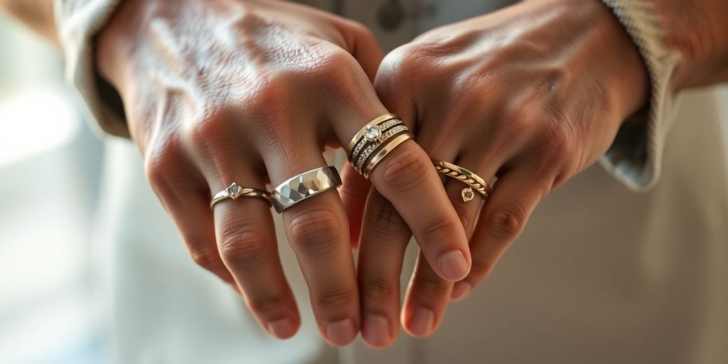 Men's hands with stylish rings on fingers.