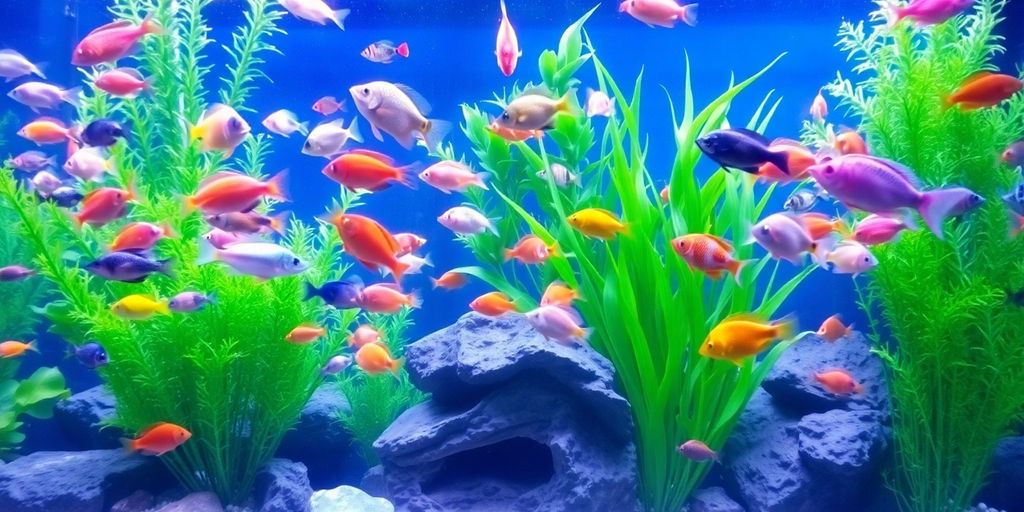 色彩斑斓的水族箱鱼在植物和岩石之间游泳。