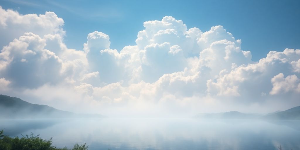 Serene landscape with clouds and a calm lake.