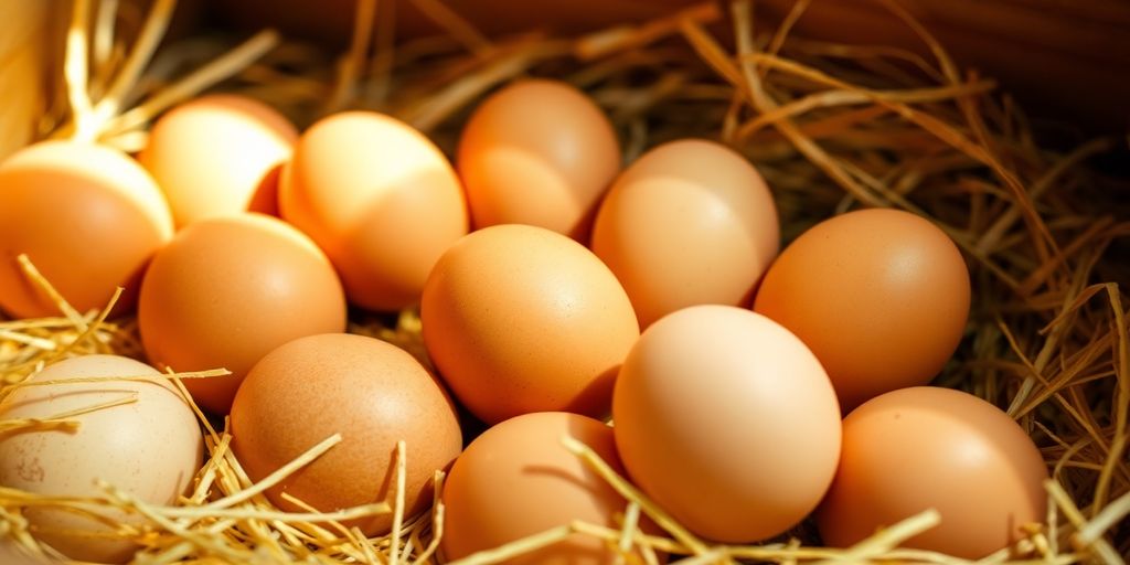 Freshly laid brown eggs in a nesting box.