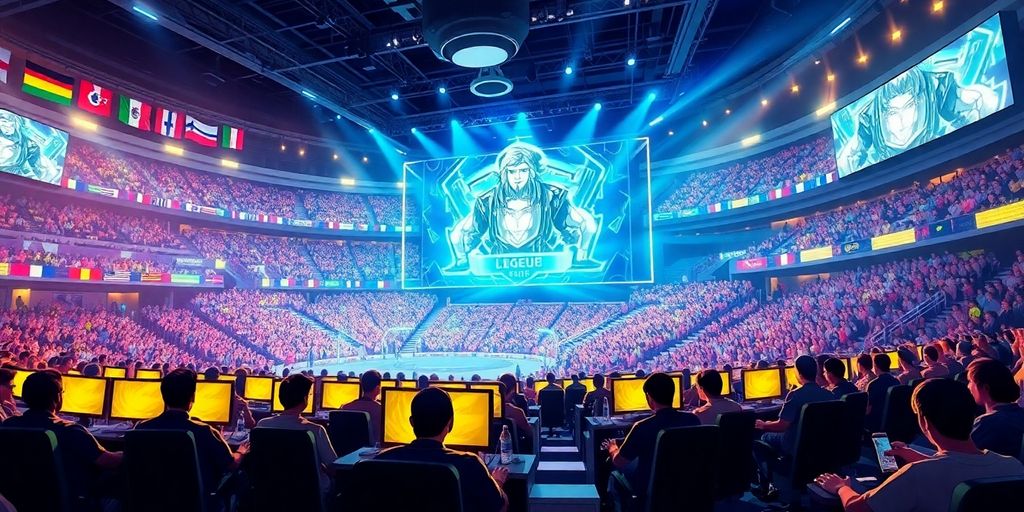 Epic esports arena filled with global League of Legends teams.
