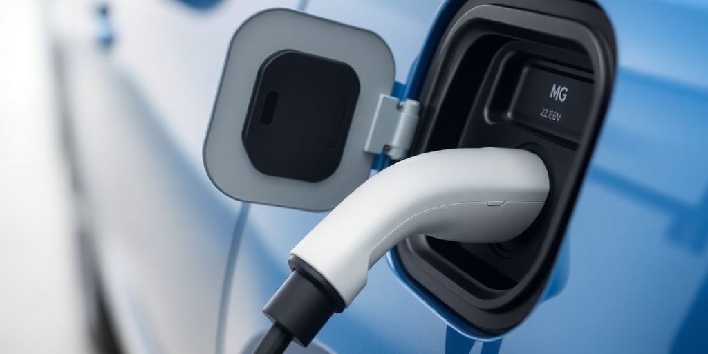Open charging port on an MG ZS EV vehicle.