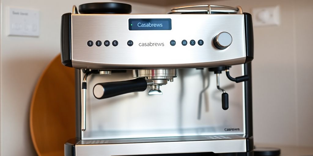 Casabrews espresso machine with sleek stainless steel finish.