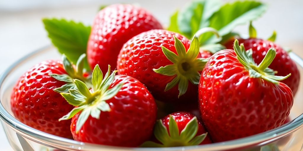 Fresh strawberries in a bowl, close-up.