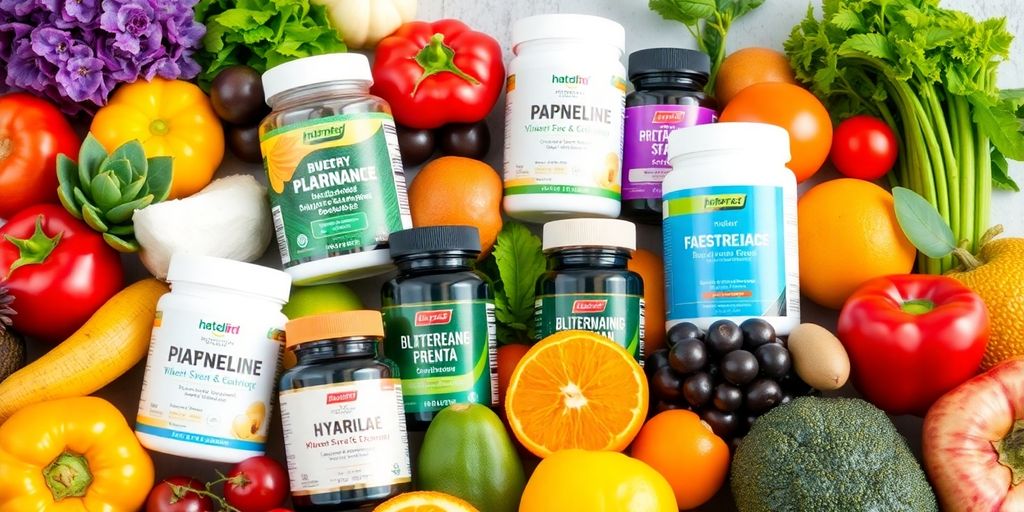 Colorful dietary supplements with fresh fruits and vegetables.