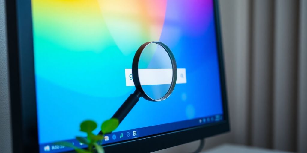Sleek monitor, vibrant search bar, growing plant.