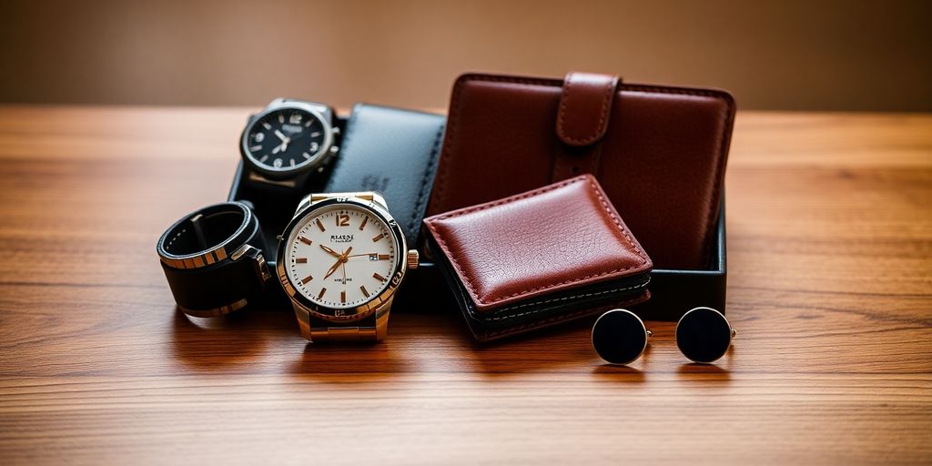 Luxury men's gift set with wallet, watch, and cufflinks.