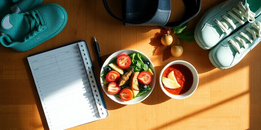 Flat lay of a planner, healthy food, and fitness gear.