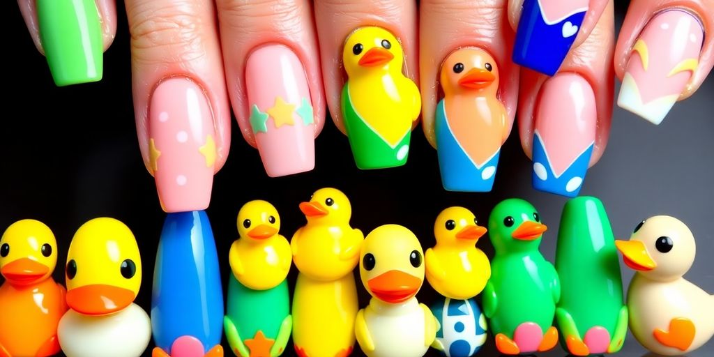 Vários modelos de unhas duck nails em cores vibrantes.