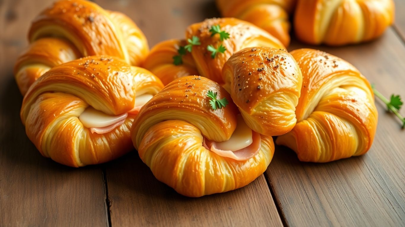 Rolinhos de croissant com presunto e queijo.