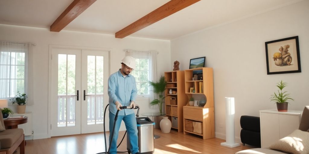 Professional cleaner removing mold in a bright home.