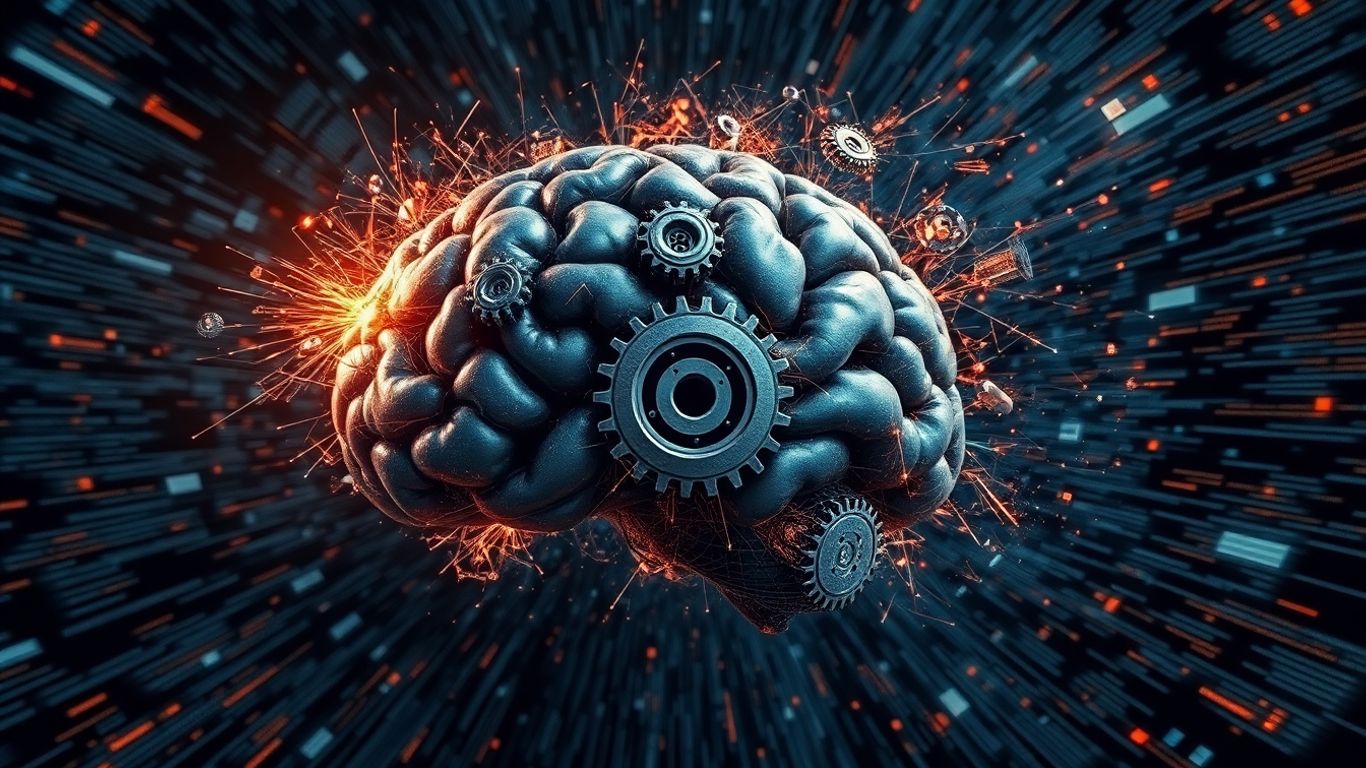 Digital brain with grinding gears and fragmented data vortex.