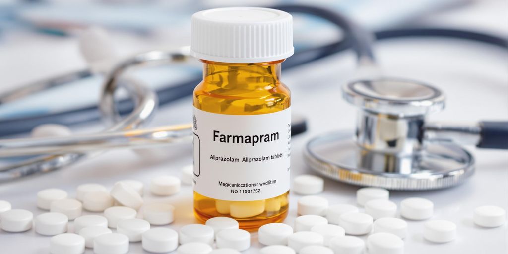 Prescription bottle of Farmapram with tablets and stethoscope.