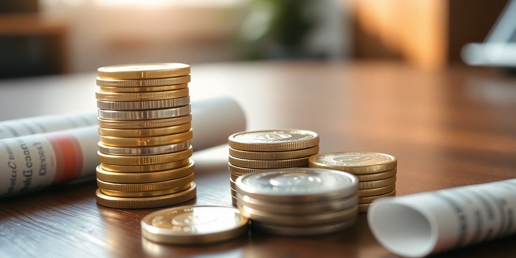 Coins stacked, financial documents, interest growth.