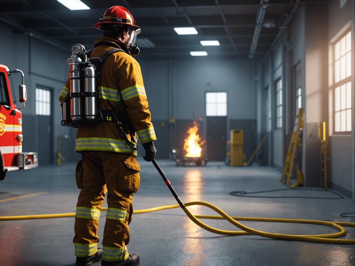 Firefighter inspecting a Fire Department Connection in a shared building, holding a checklist and wearing safety gear.