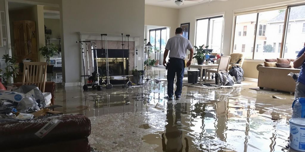 A flooded room with water and damaged furniture.