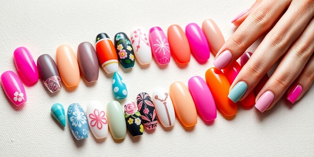 Colorful press on nails in various designs on display.