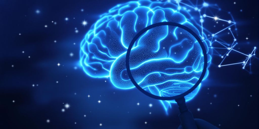 Minimalist AI brain with magnifying glass.