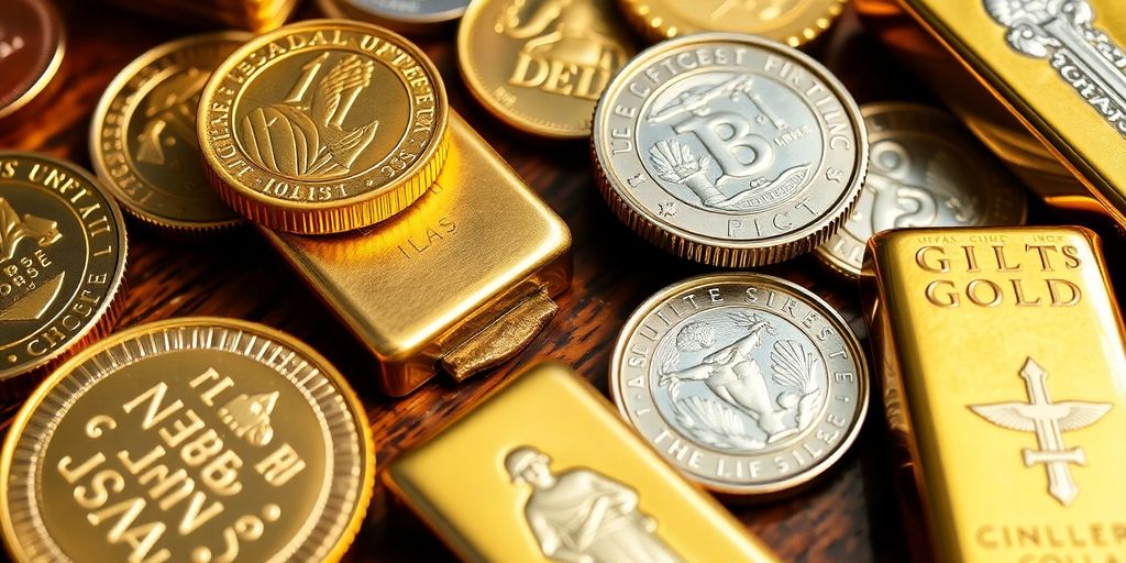 Close-up of bullion coins and precious metals on a table.