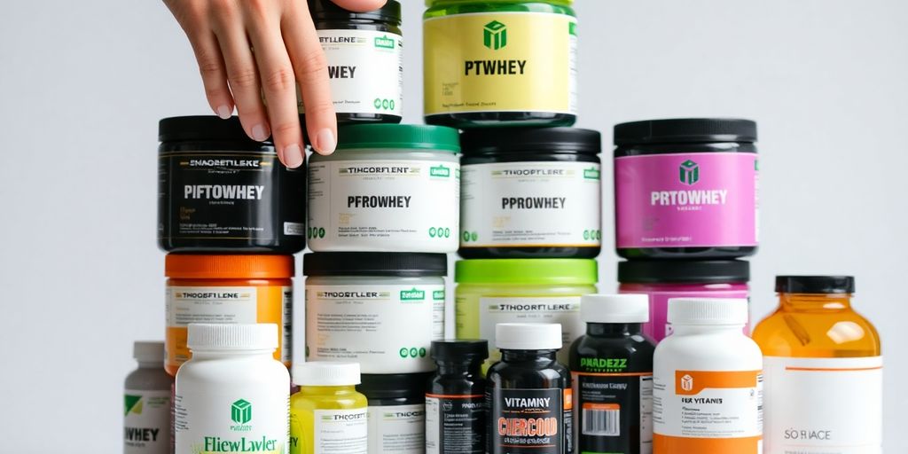 Suplementos empilhados, pessoa pegando um.