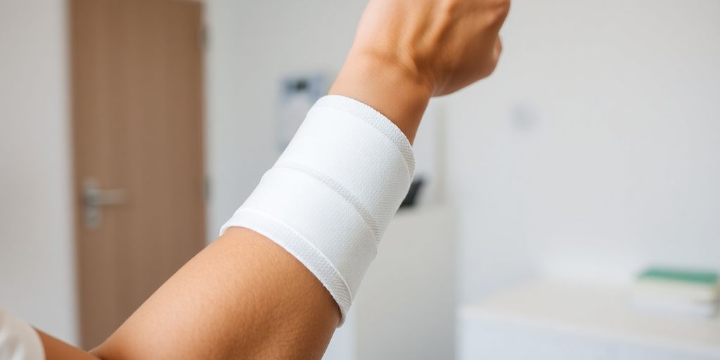 Woman wrapping her arm with compression bandage.