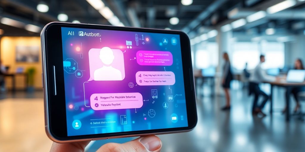 Futuristički interfejs chatbota na telefonu, užurbana kancelarija.