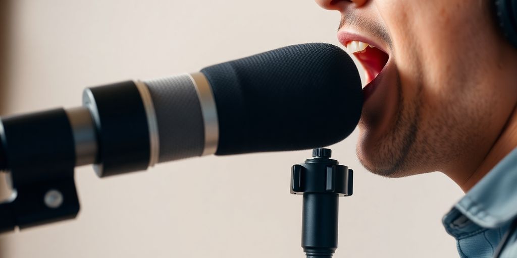 Persona hablando en un micrófono de podcast.