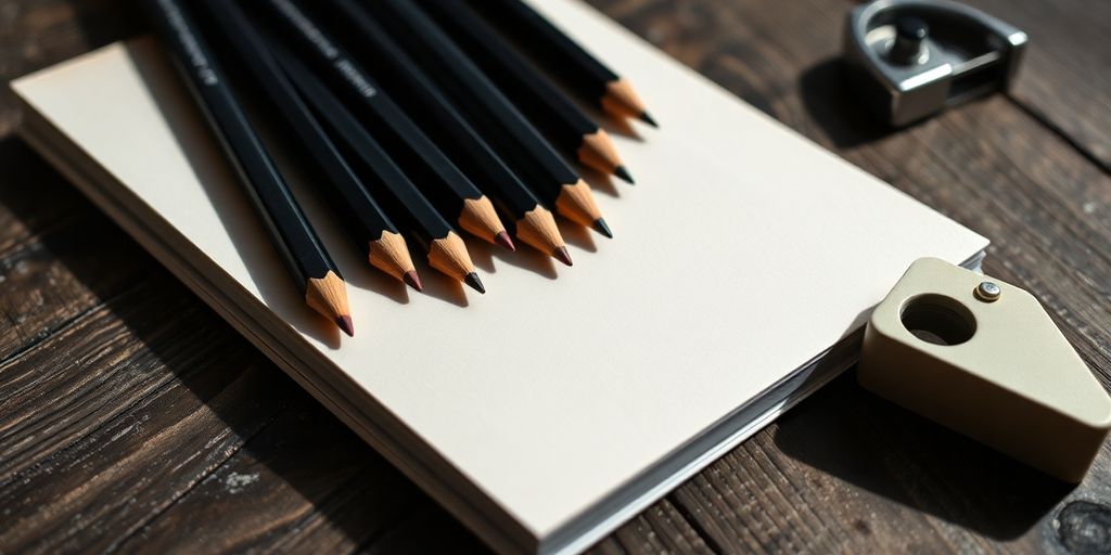 Photograph of sharpened Faber-Castell 9000 pencils arranged on wooden table.