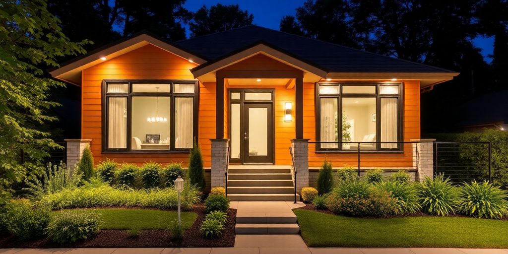 Charming raised bungalow with large windows and landscaped yard.
