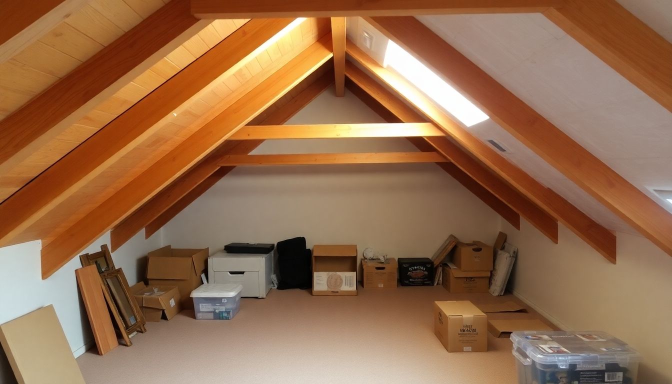 Bright attic with wooden beams and storage boxes.