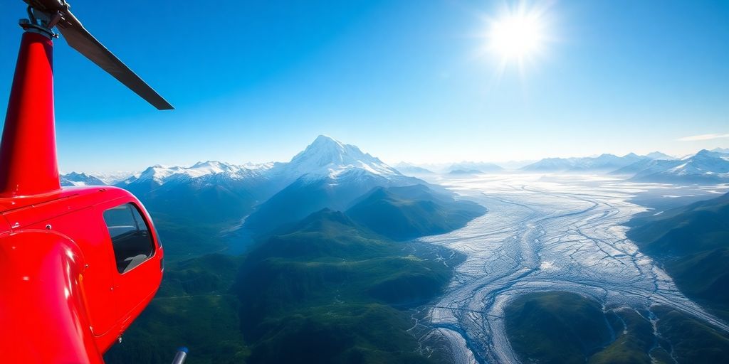 A red helicopter flies over a massive Alaskan glacier.