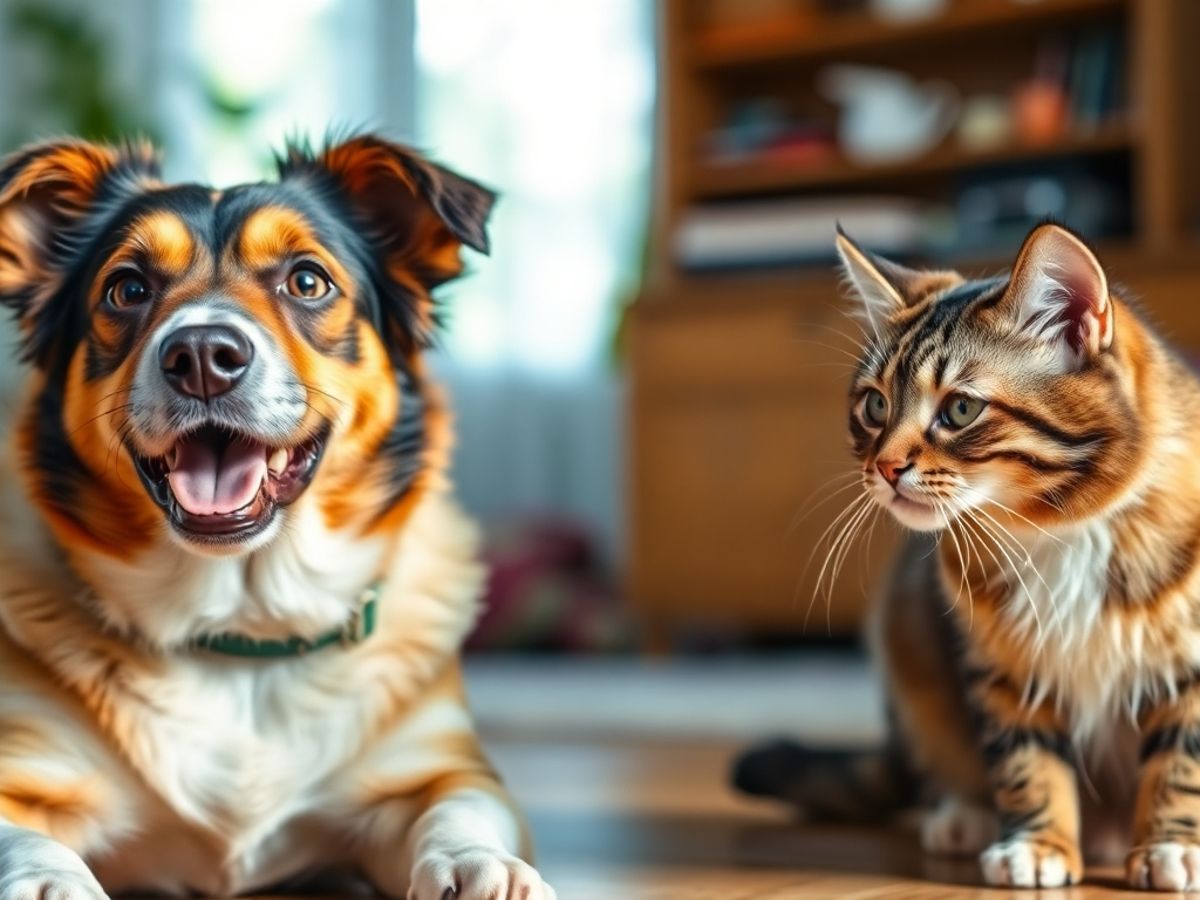 Cachorro e gato interagindo em um ambiente acolhedor.