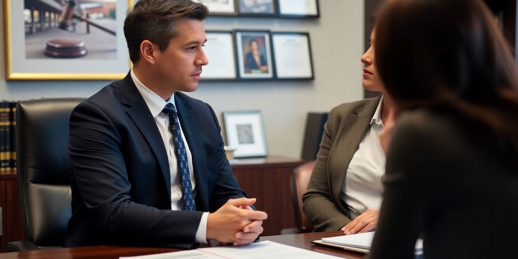 Lawyer consulting client in Bolingbrook office.