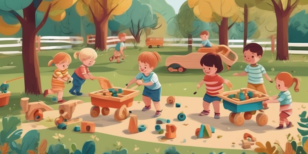 children playing with eco-friendly wooden toys in a park