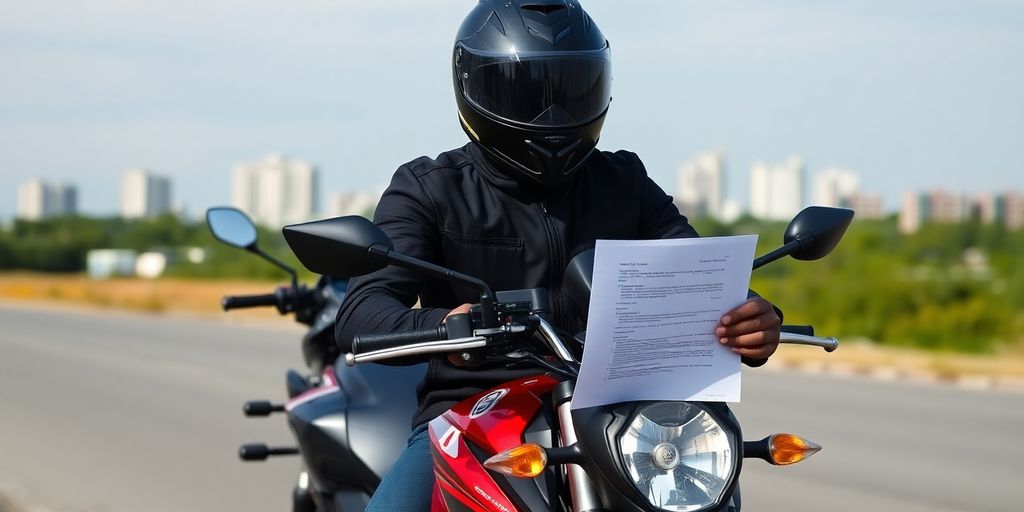 Motorcycle rider, helmet, road, legal documents, determined expression.