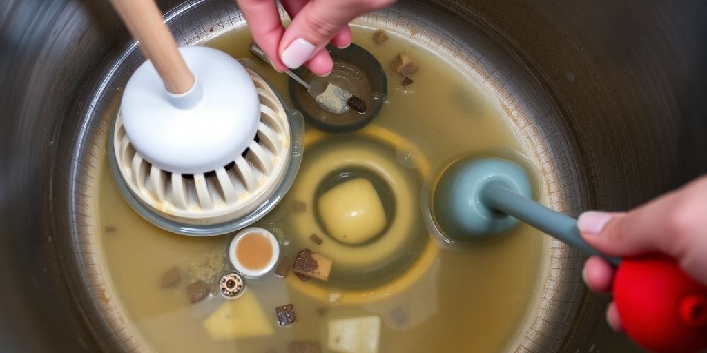 Clogged sink with dirty water and a plunger.