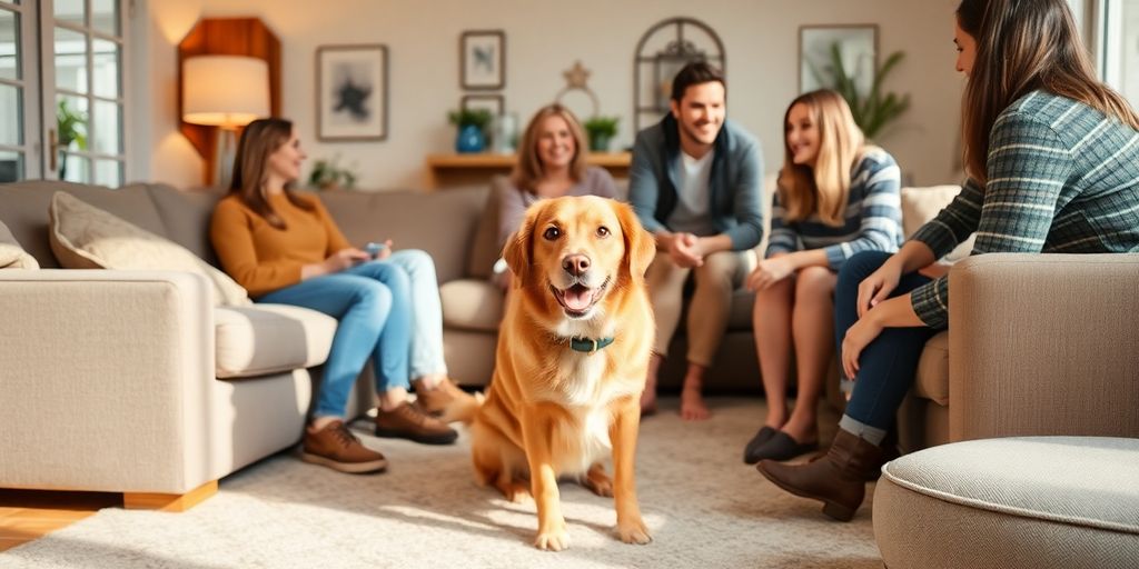 Perro tranquilo en una sala con visitas sonrientes — aprende cómo enseñar a tu mascota a convivir con visitas frecuentes.