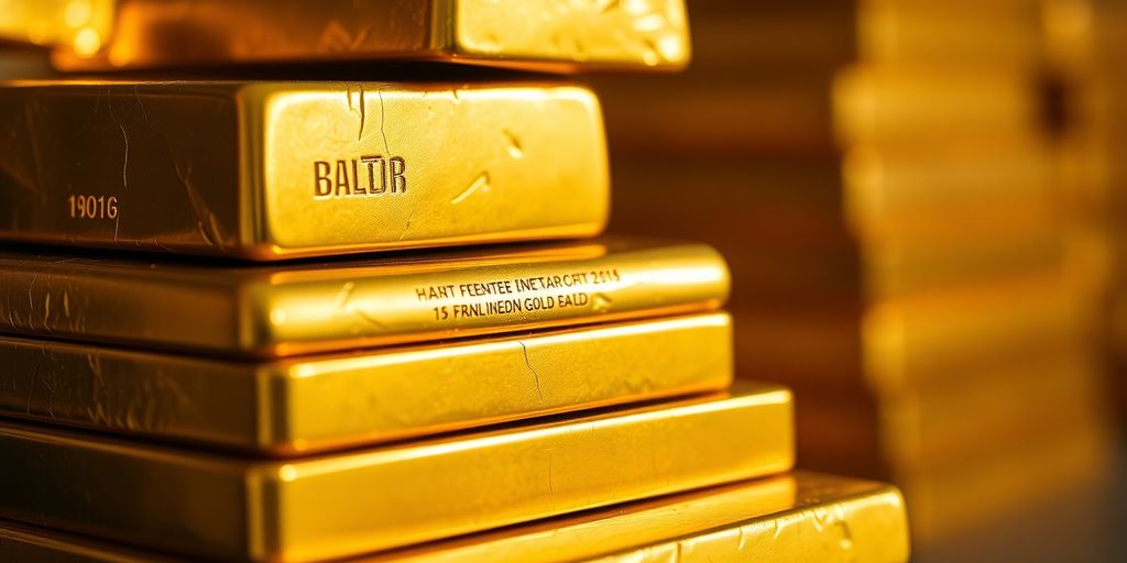 Barres d'or brillantes empilées, symbolisant la richesse.