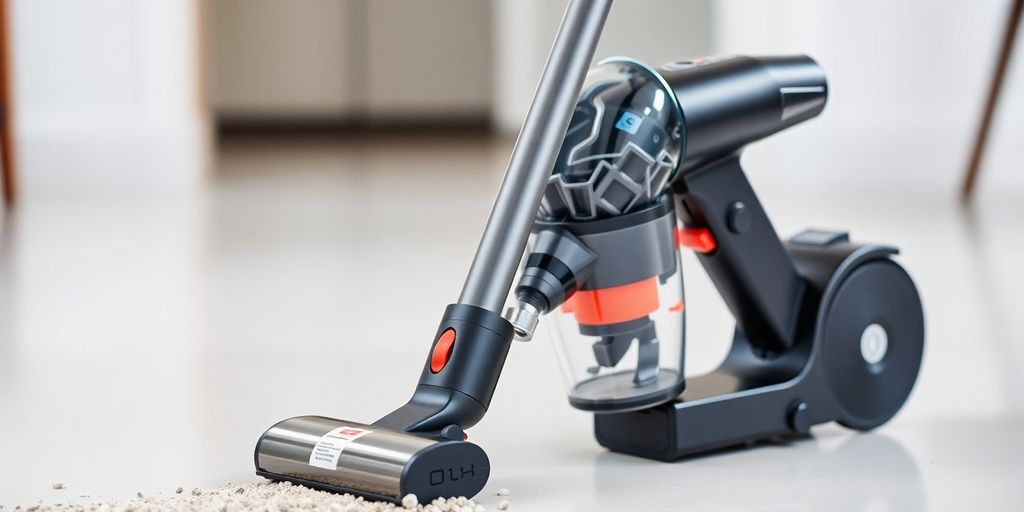 Modernes kabelloses Staubsaugergerät bei der Arbeit.