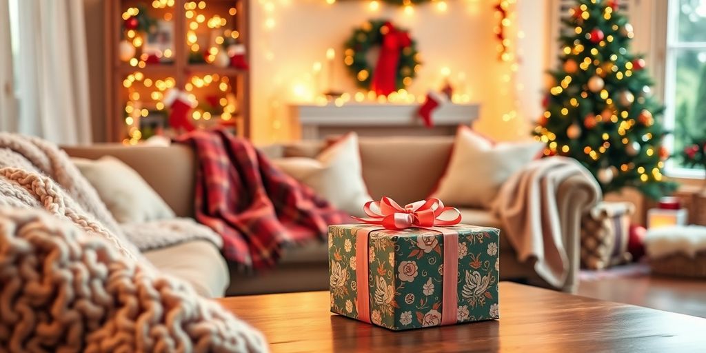 Cozy Christmas living room with gifts and decorations.