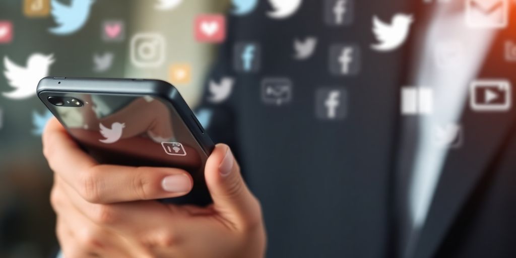 Business professional engaging with social media trends on smartphone.