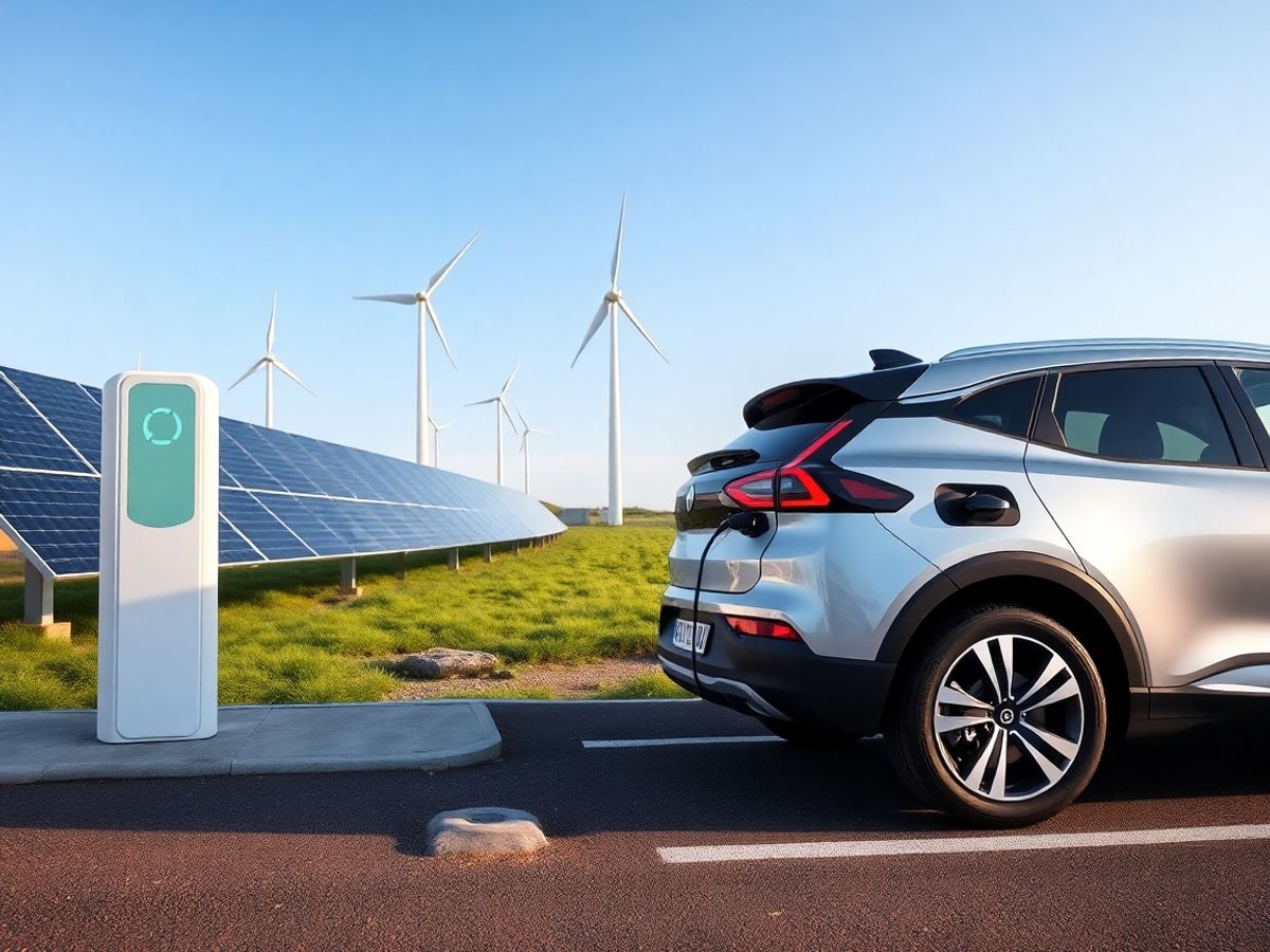 Mașină electrică modernă încărcându-se lângă panouri solare.