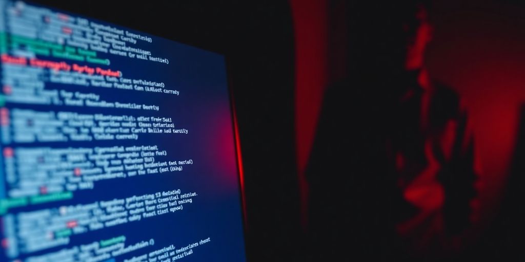 Cybersecurity computer screen with code and shadowy figure.