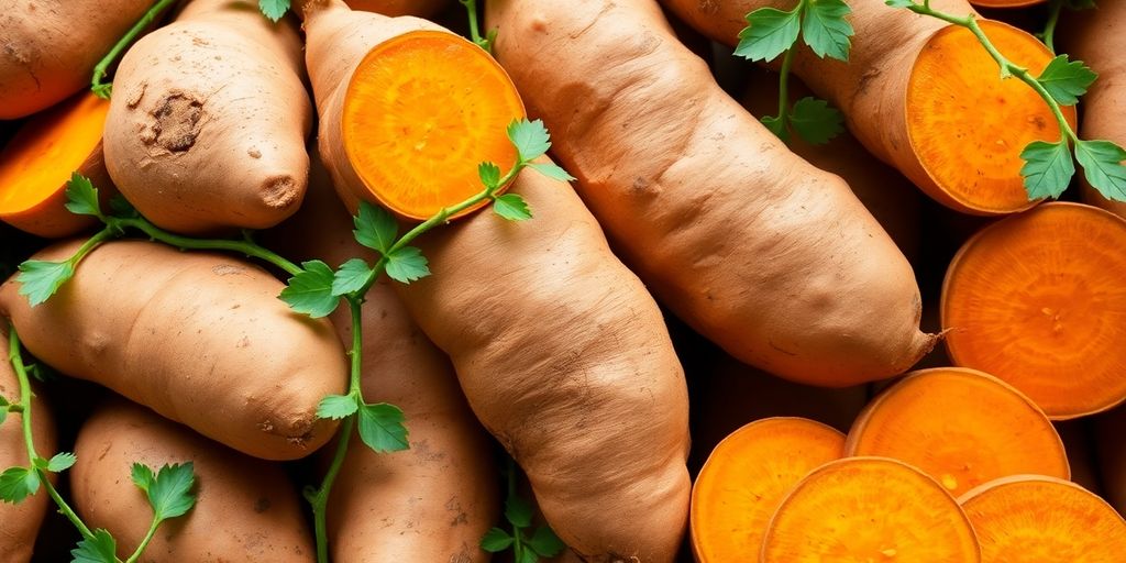 Biologische zoete aardappelen met bladeren en takken.