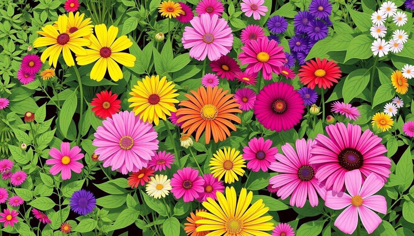 Vibrant perennial garden with colorful flowers and lush foliage